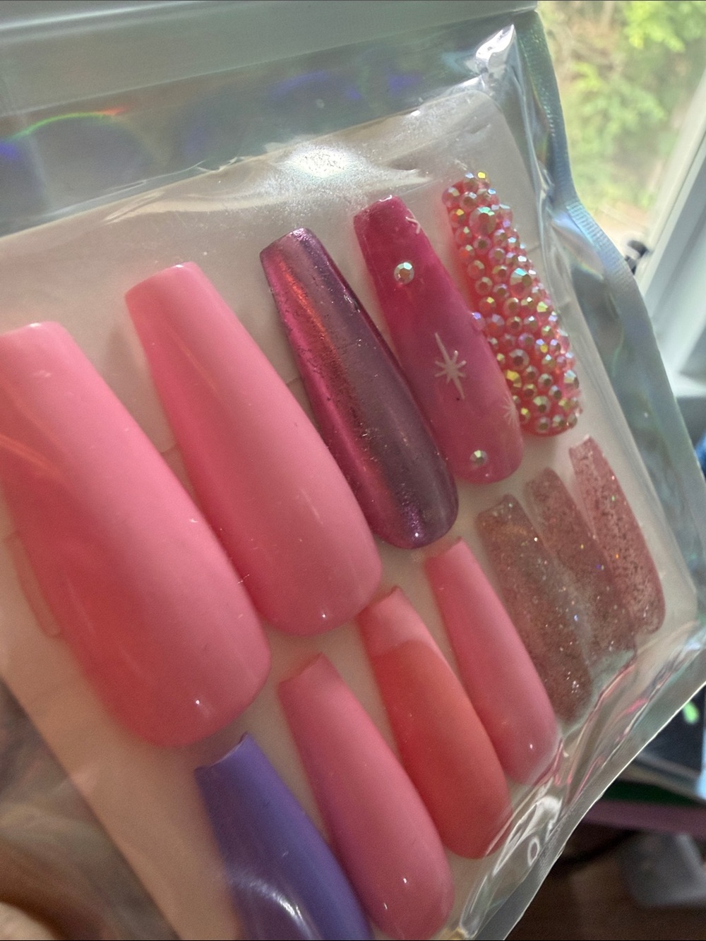 super fly pink coffin long foiled bling nails press on new - Picture 2 of 3